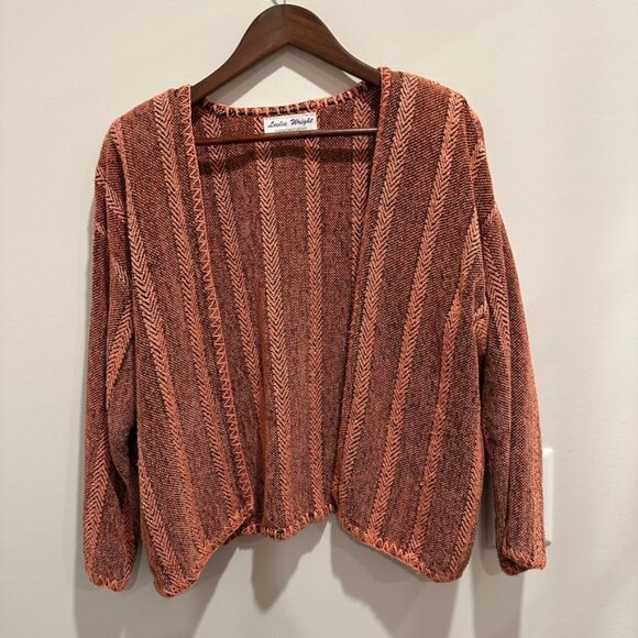Leslie Wright Handwoven Open Cardigan – One Size – Rust & Brown Chevron Pattern - Picture 6 of 9